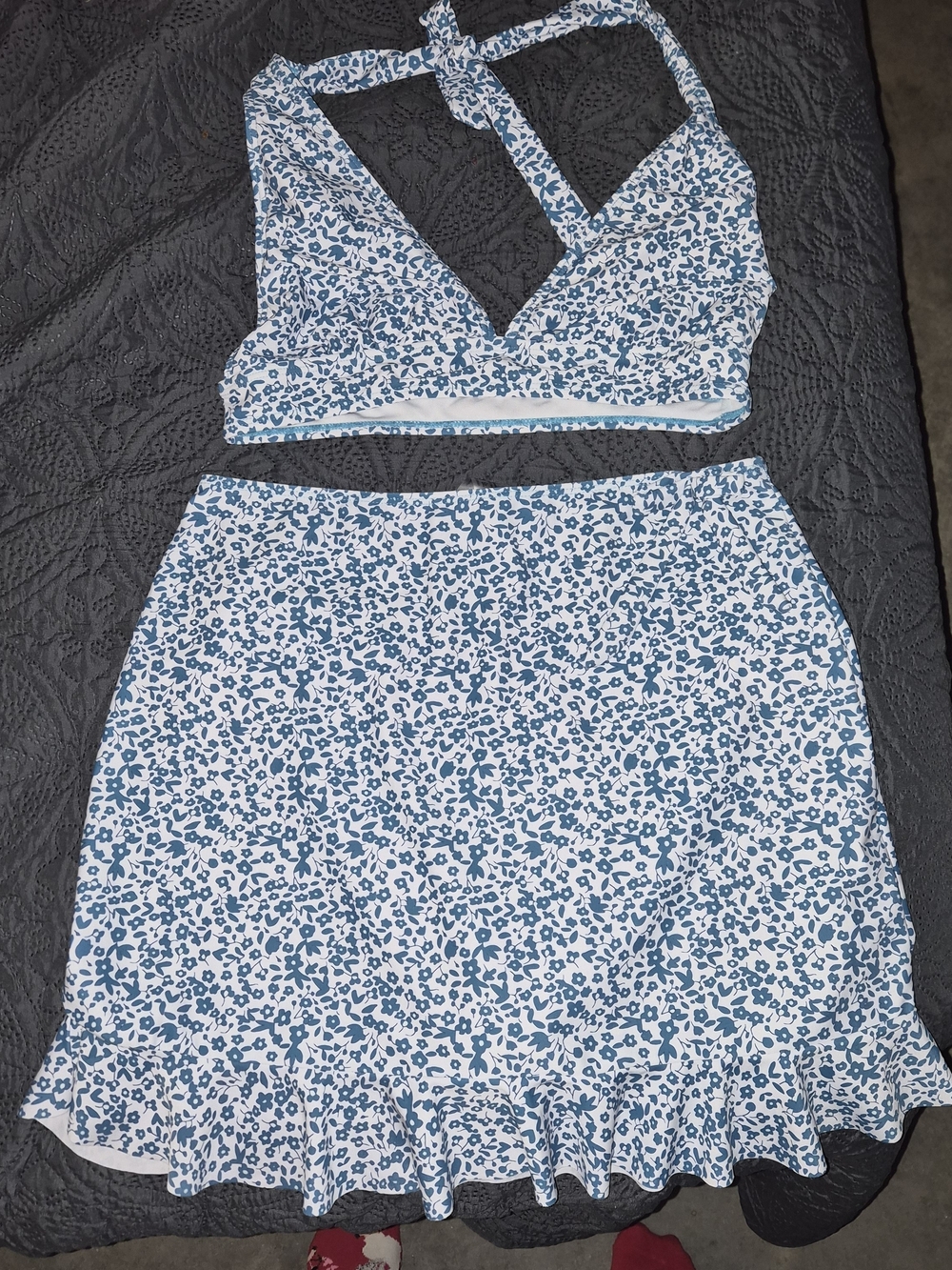 Women's Blue Floral 3-Piece Bikini & Ruffle Swim Skirt Set (Large)